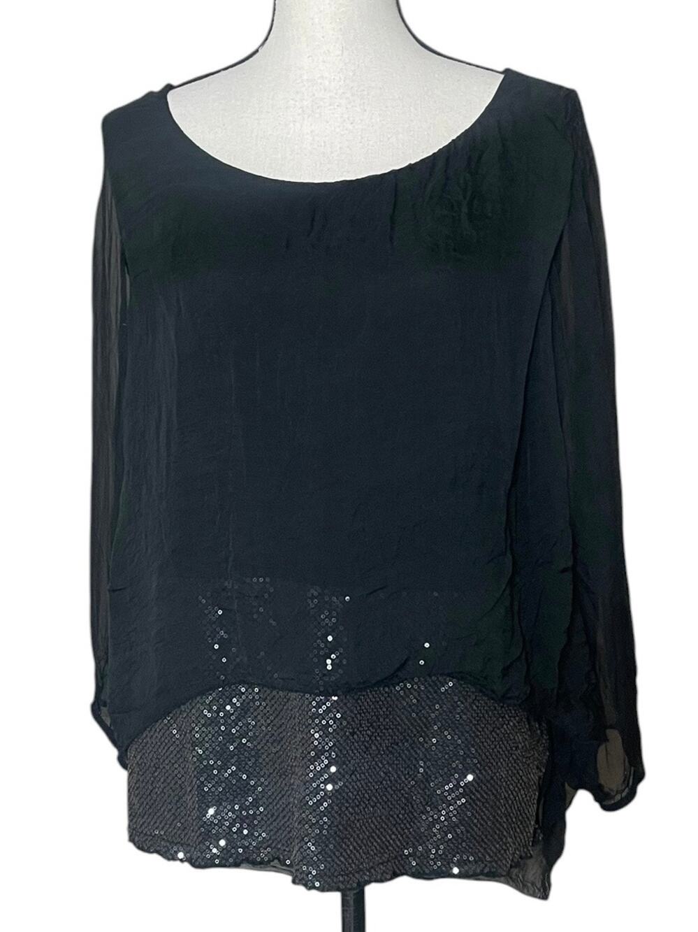 H Trend Italy Silk Blouse Size M Black  Layered Sequin Trim Sheer Sleeves Top
